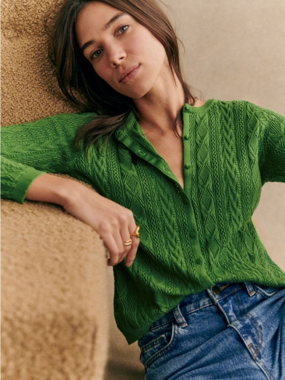 Sezane Green Cable-Knit Ruben Cardigan